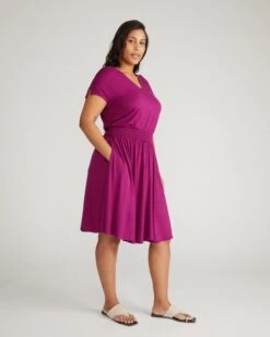 Purple Liquid Jersey V-Neck Dress with Flattering Shirred Waist -UNIVERSAL STANDARD Minetta Liquid Jersey Dress Rothko Purple USDR1712 729 002 850