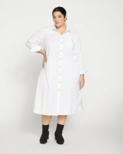 White Oversized Cotton Poplin Shirtdress - Elegant Stretch Midi -UNIVERSAL STANDARD New Georgia Shirt Dress White USDR1351 025 001 008