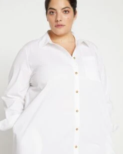 White Oversized Cotton Poplin Shirtdress - Elegant Stretch Midi -UNIVERSAL STANDARD New Georgia Shirt Dress White USDR1351 025 002 017