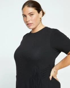 Devi Liquid Jersey Black T-Shirt Dress with Cascading Texture -UNIVERSAL STANDARD New Liquid Jersey Dress Black USDR1427 001 002 002