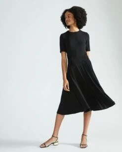 Devi Liquid Jersey Black T-Shirt Dress with Cascading Texture