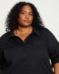 Black Stretch Poplin Shirtdress - Petite-Friendly Everyday Style -UNIVERSAL STANDARD New Rubicon Shirt Dress Black USDR0020D 001 002 039