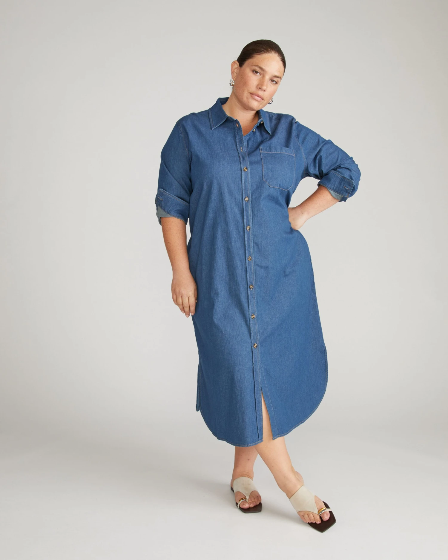 Stretch Cotton Chambray Shirtdress - Orion Blue