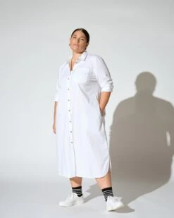 White Oversized Cotton Poplin Shirtdress - Elegant Stretch Midi -UNIVERSAL STANDARD Odeon white 003