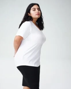 White Petite V-Neck T-Shirt - Premium Peruvian Cotton Tee 10 White Petite V-Neck T-Shirt - Premium Peruvian Cotton Tee -UNIVERSAL STANDARD Petite VRex White 1031 013