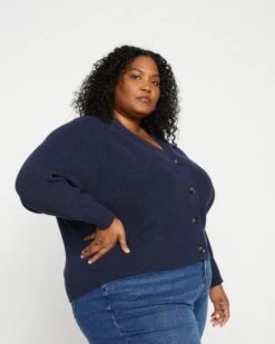 Soft Midnight Blue Cardigan - Luxury Washable Wool Alternative -UNIVERSAL STANDARD Ribbed Key Cardigan Baritone Blue USSW1254 454 003 030