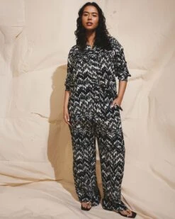 Indigo Waterfall Print Rayon Voile Pants with Elastic Waist