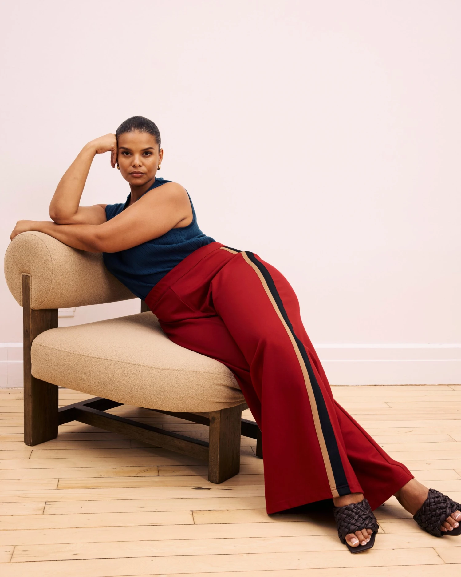 Stephanie Wide Leg Stripe Ponte Pants 30 Inch - Garnet With Camel/Black Stripe 3 Stephanie Wide Leg Stripe Ponte Pants 30 Inch - Garnet With Camel/Black Stripe