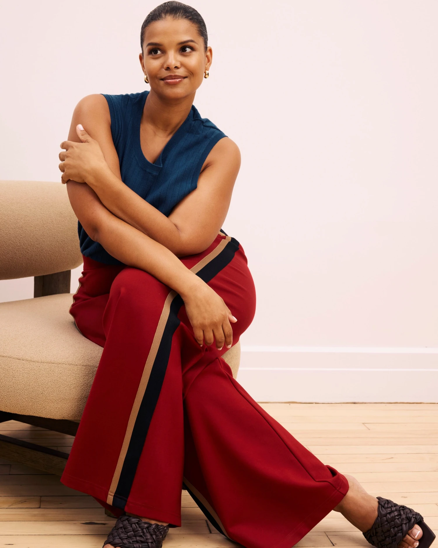 Stephanie Wide Leg Stripe Ponte Pants 30 Inch - Garnet With Camel/Black Stripe 4 Stephanie Wide Leg Stripe Ponte Pants 30 Inch - Garnet With Camel/Black Stripe - Image 2