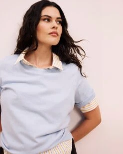 Fine Knit Lightweight Sweater Top in Silver Blue -UNIVERSAL STANDARD SHOT24 072