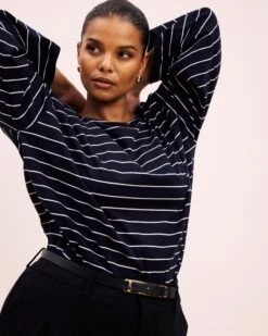 Navy Pinstripe Breton Stripe Bell Sleeve Top - Luxurious Knit Jersey