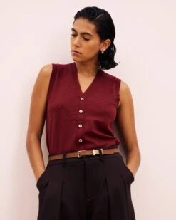 Savvy Fine Knit Cardigan Vest in Red Geranium - Elegant Layering Piece