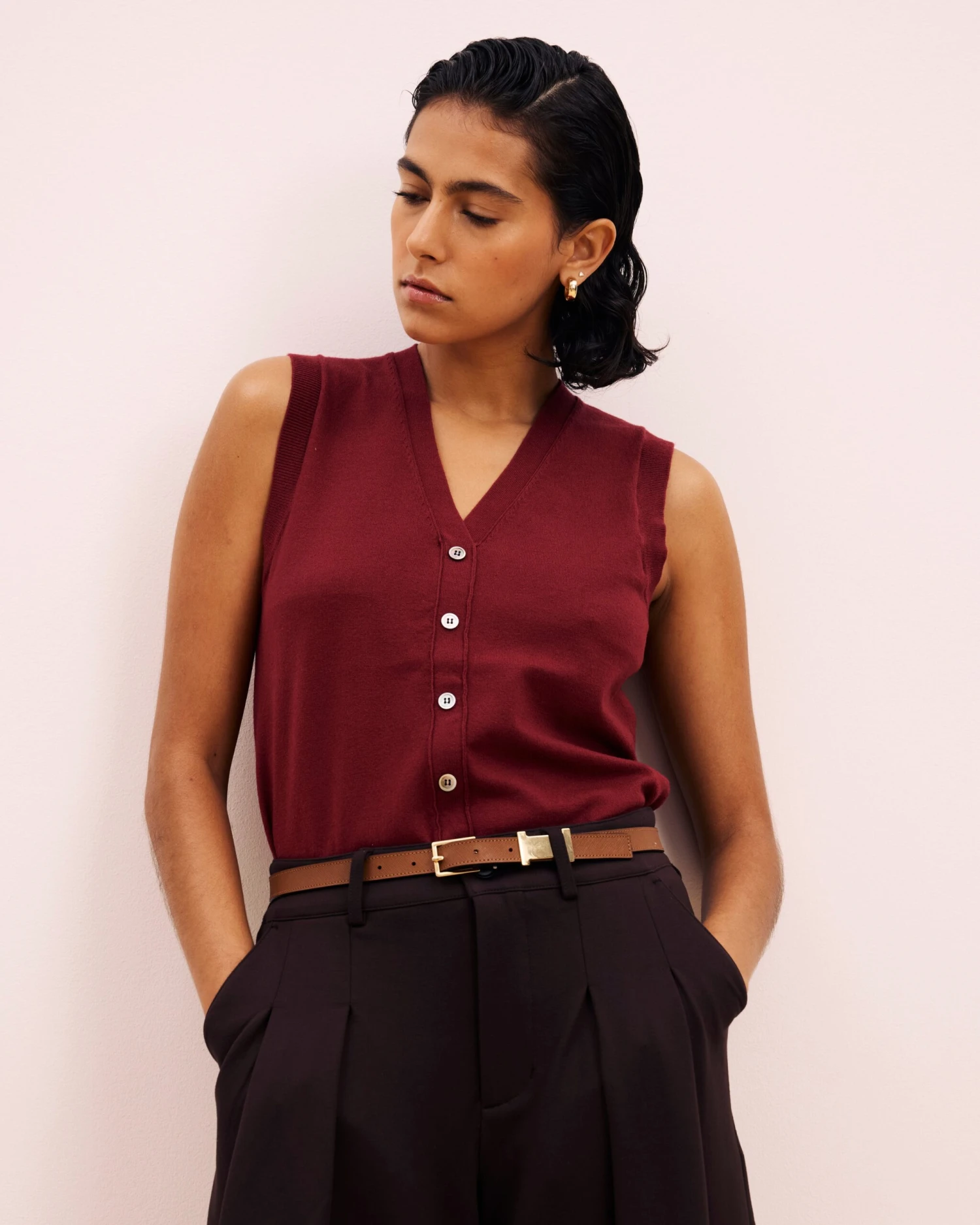 Savvy Fine Knit Cardigan Vest in Red Geranium - Elegant Layering Piece 3 Savvy Fine Knit Cardigan Vest in Red Geranium - Elegant Layering Piece