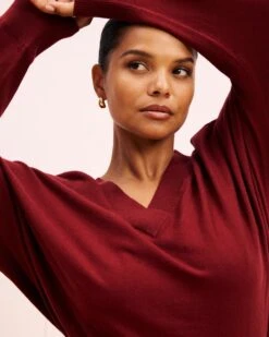 Savvy Fine Knit Sweater Blouse in Garnet - Elegant V-Neck Pullover