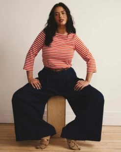 Breton Stripe Jersey Tee - 3/4 Sleeve Boat Neck Top - Coral Reef & White