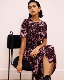 Elegant Black Cherry Rose Print Liquid Jersey Wrap Dress