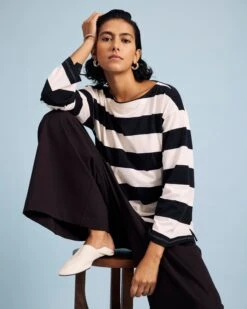 Breton Stripe Bell Sleeve Top - Ecru & Black Rugby Stripe