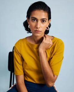 Bella Boatneck Tee in Mustard - Premium Pima Cotton Top -UNIVERSAL STANDARD SHOT42 057