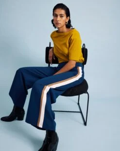 Stephanie Wide Leg Stripe Ponte Pants 30 Inch - Deep Teal With Camel/Ecru Stripe