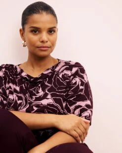 Rose Print Short Sleeve Liquid Jersey Top - Black Cherry Louise Style -UNIVERSAL STANDARD SHOT8 112