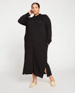 Black Liquid Jersey Shirt Dress - Sally Relaxed Button-Down Style
