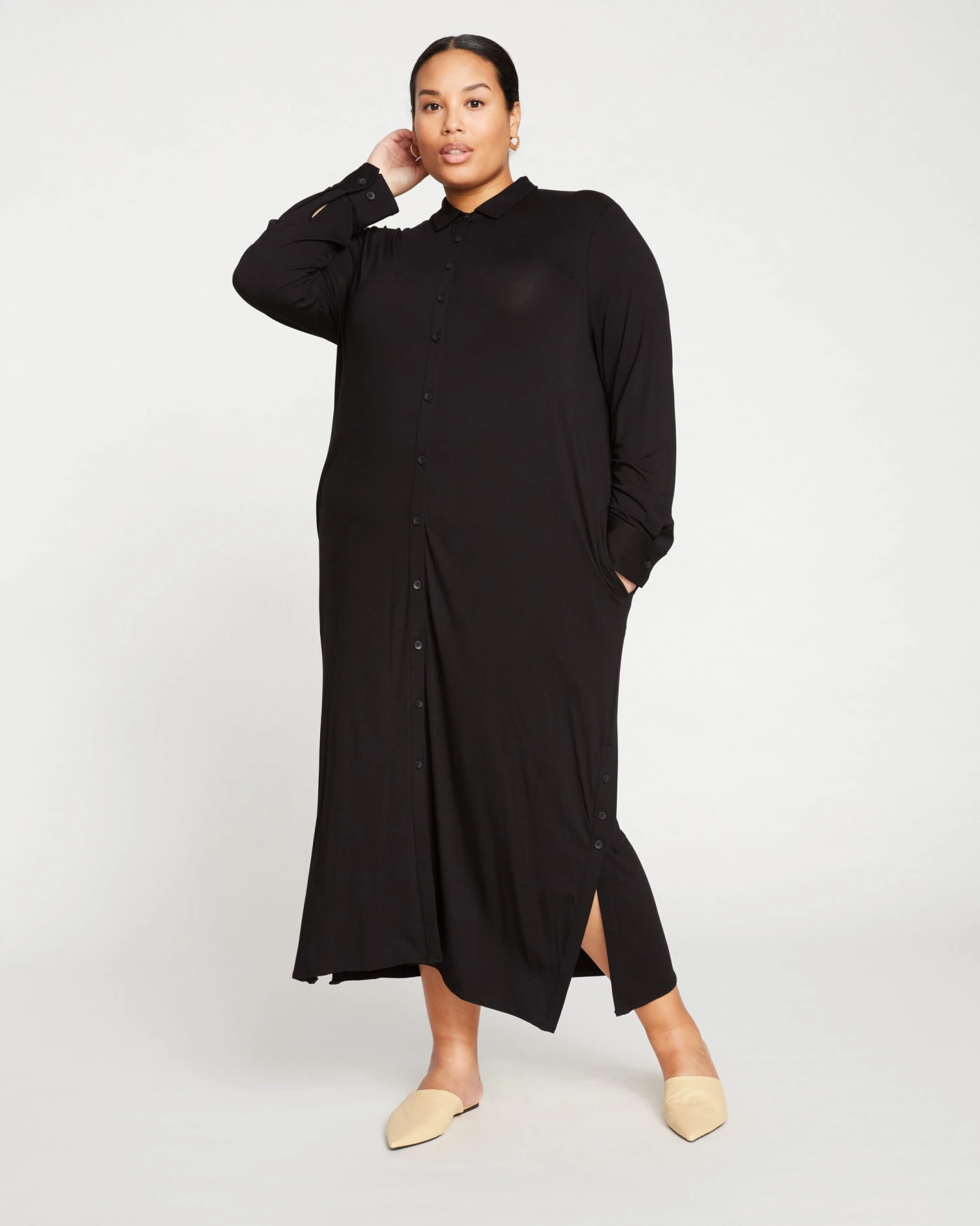 Black Liquid Jersey Shirt Dress - Sally Relaxed Button-Down Style 3 Black Liquid Jersey Shirt Dress - Sally Relaxed Button-Down Style