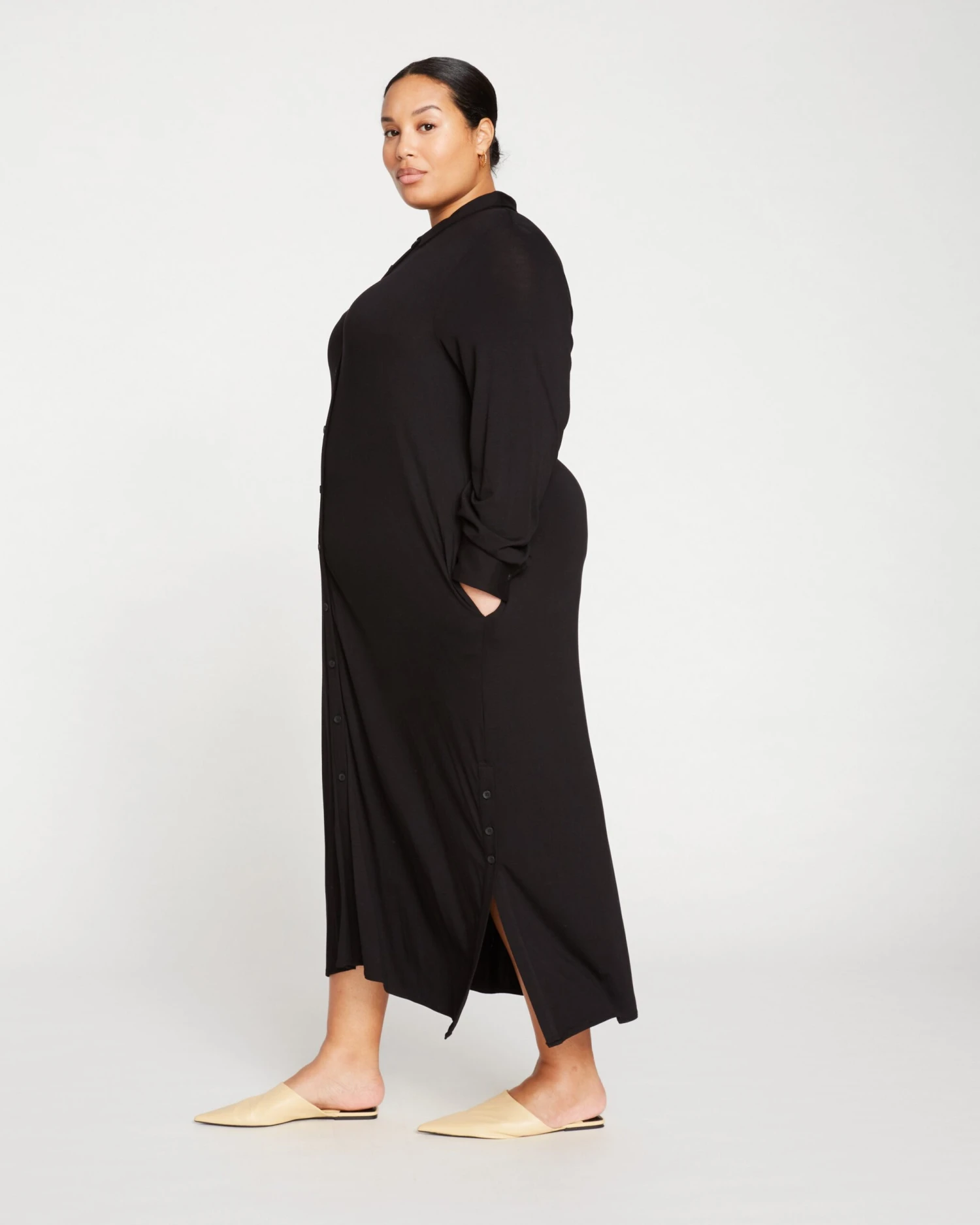 Black Liquid Jersey Shirt Dress - Sally Relaxed Button-Down Style 5 Black Liquid Jersey Shirt Dress - Sally Relaxed Button-Down Style - Image 3