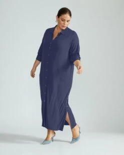 Sally Liquid Jersey Shirt Dress - Midnight Blue Button-Down