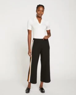 Stephanie Wide Leg Stripe Ponte Pants 27 Inch - Black With Ochre/White Stripe