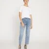 High Rise Crossover Jeans - Distressed Vintage Indigo Straight Leg -UNIVERSAL STANDARD Tee Rex White US10013 025 002 004