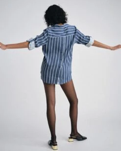 Stretch Cupro Polo Shirt - Striped Button Back Blouse in Ensign Blue