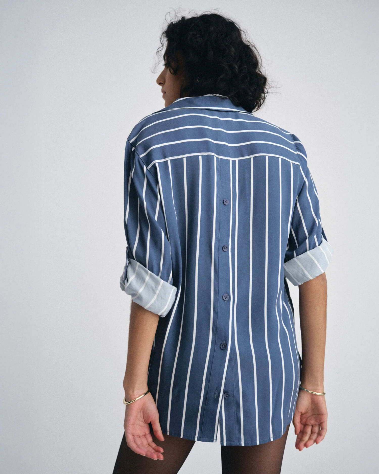 Stretch Cupro Polo Shirt - Striped Button Back Blouse in Ensign Blue 6 Stretch Cupro Polo Shirt - Striped Button Back Blouse in Ensign Blue - Image 4