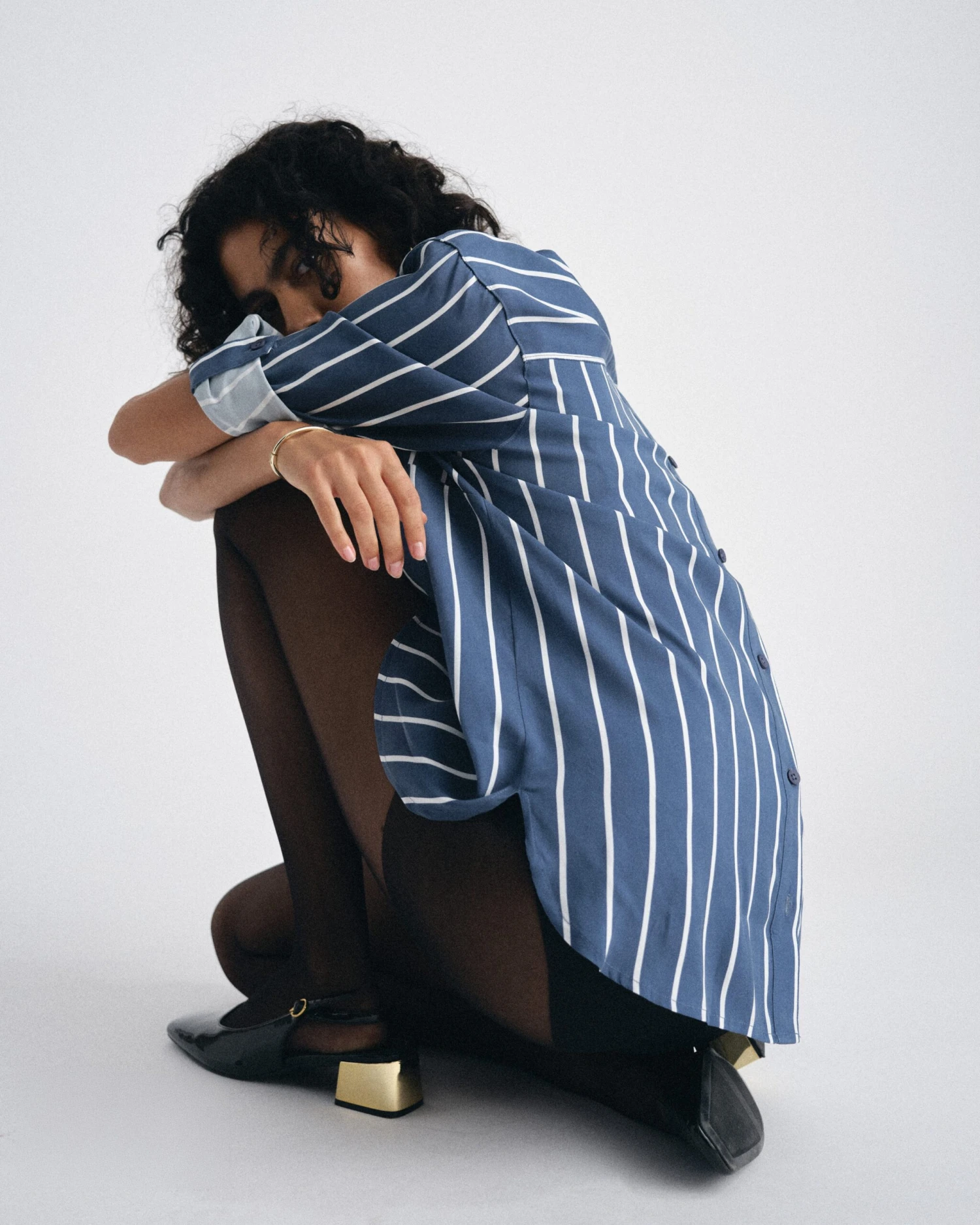 Stretch Cupro Polo Shirt - Striped Button Back Blouse in Ensign Blue 4 Stretch Cupro Polo Shirt - Striped Button Back Blouse in Ensign Blue - Image 2