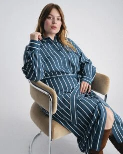 Cooling Stretch Cupro Striped Shirt Dress - Savannah Utility Dress in Ensign Blue -UNIVERSAL STANDARD UNIVERSALSTANDARD 08.26.254180
