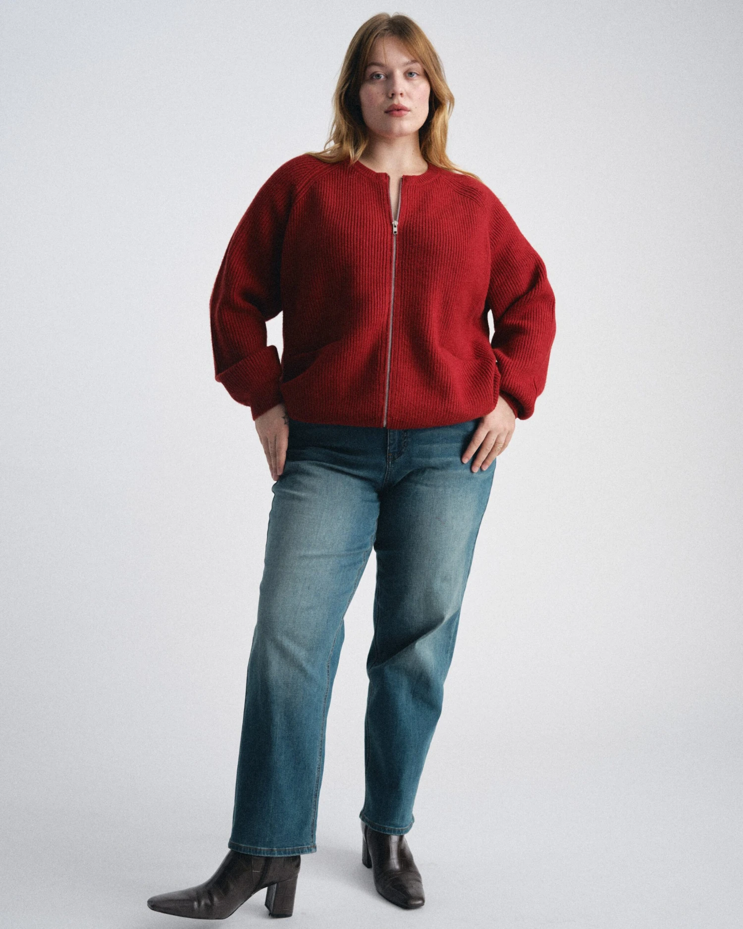 Soft Knit Zip Up Cardigan Sweater - Autumn Red 5 Soft Knit Zip Up Cardigan Sweater - Autumn Red - Image 3