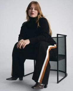 Stephanie Wide Leg Stripe Ponte Pants 30 Inch - Black With Ochre/White Stripe -UNIVERSAL STANDARD UNIVERSALSTANDARD 08.26.254797