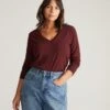 Women's Soft Peruvian Cotton V-Neck Long Sleeve Tee - Black Cherry -UNIVERSAL STANDARD US10013LV 190 Long Sleeve V Rex Black Cherry 001 145