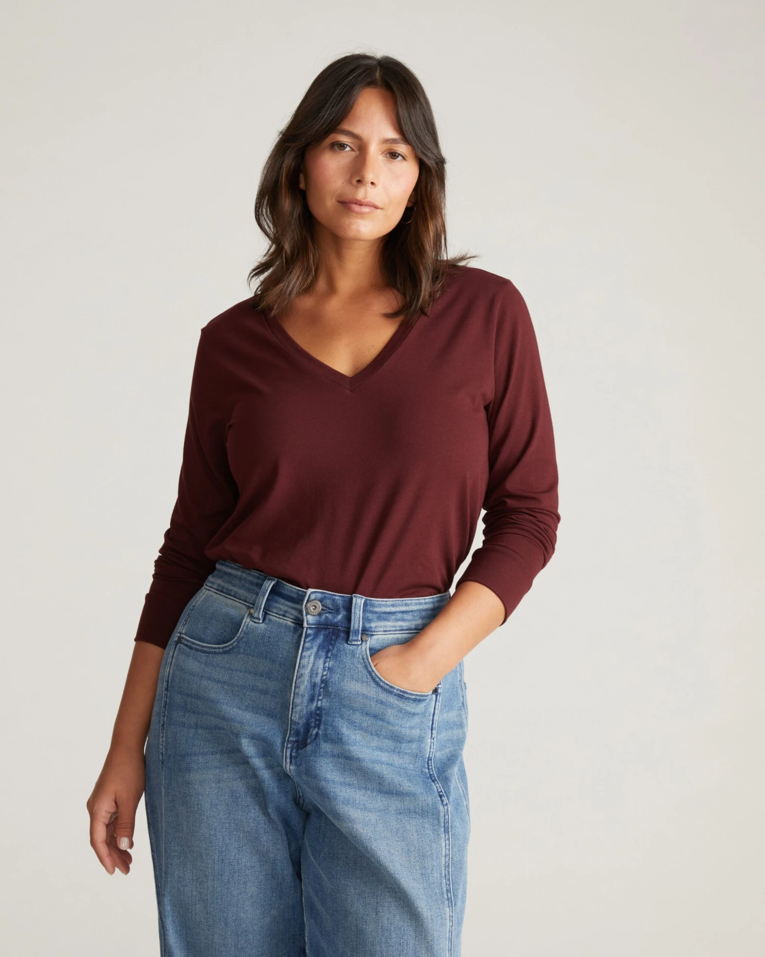 Women's Soft Peruvian Cotton V-Neck Long Sleeve Tee - Black Cherry 3 Women's Soft Peruvian Cotton V-Neck Long Sleeve Tee - Black Cherry