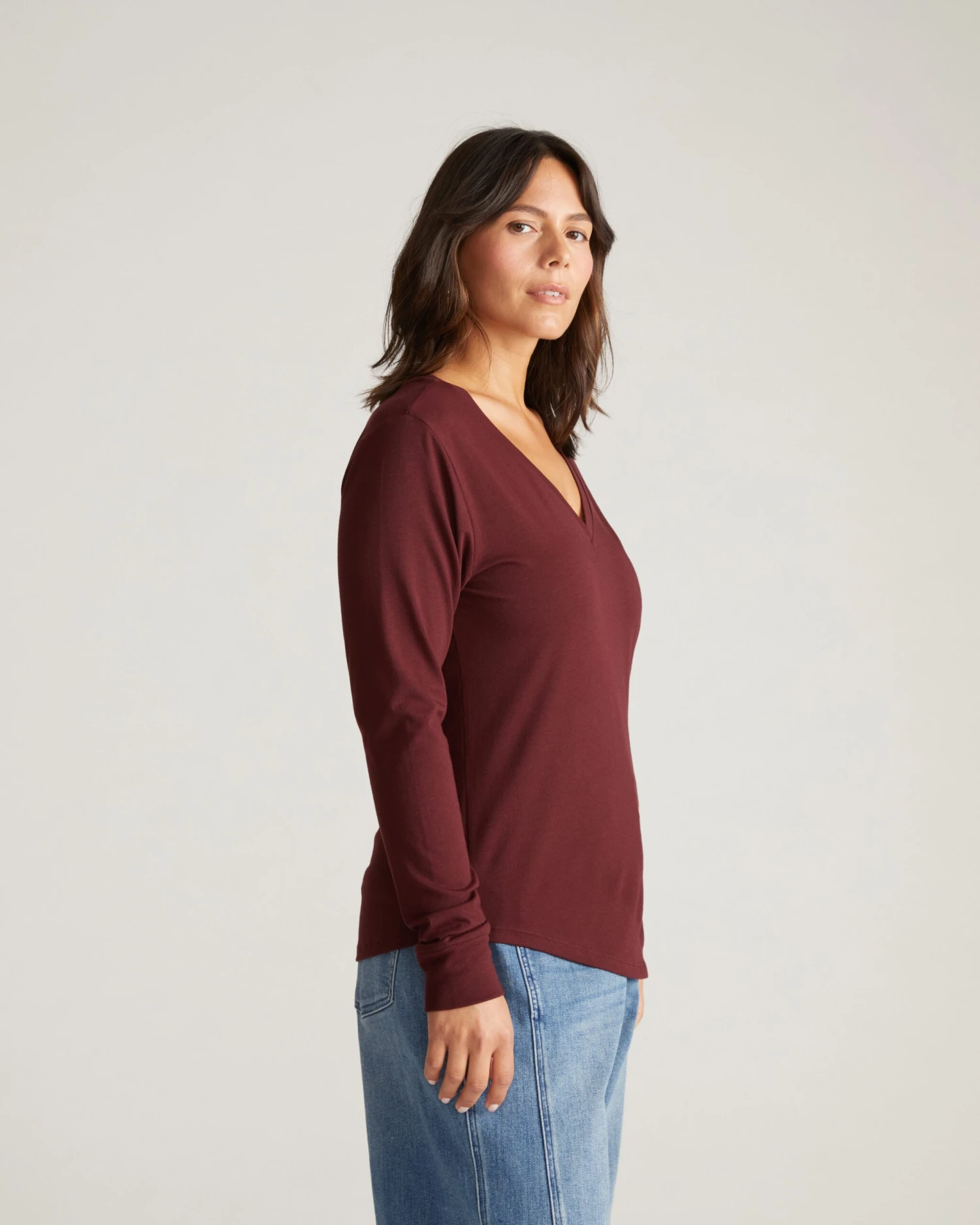 Women's Soft Peruvian Cotton V-Neck Long Sleeve Tee - Black Cherry 4 Women's Soft Peruvian Cotton V-Neck Long Sleeve Tee - Black Cherry - Image 2