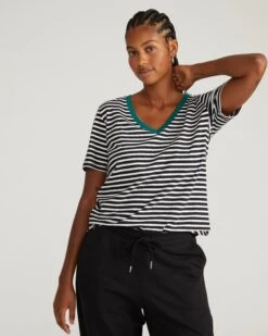 V Rex Striped V-Neck Tee - Premium Peruvian Cotton Top with Aventurine Trim