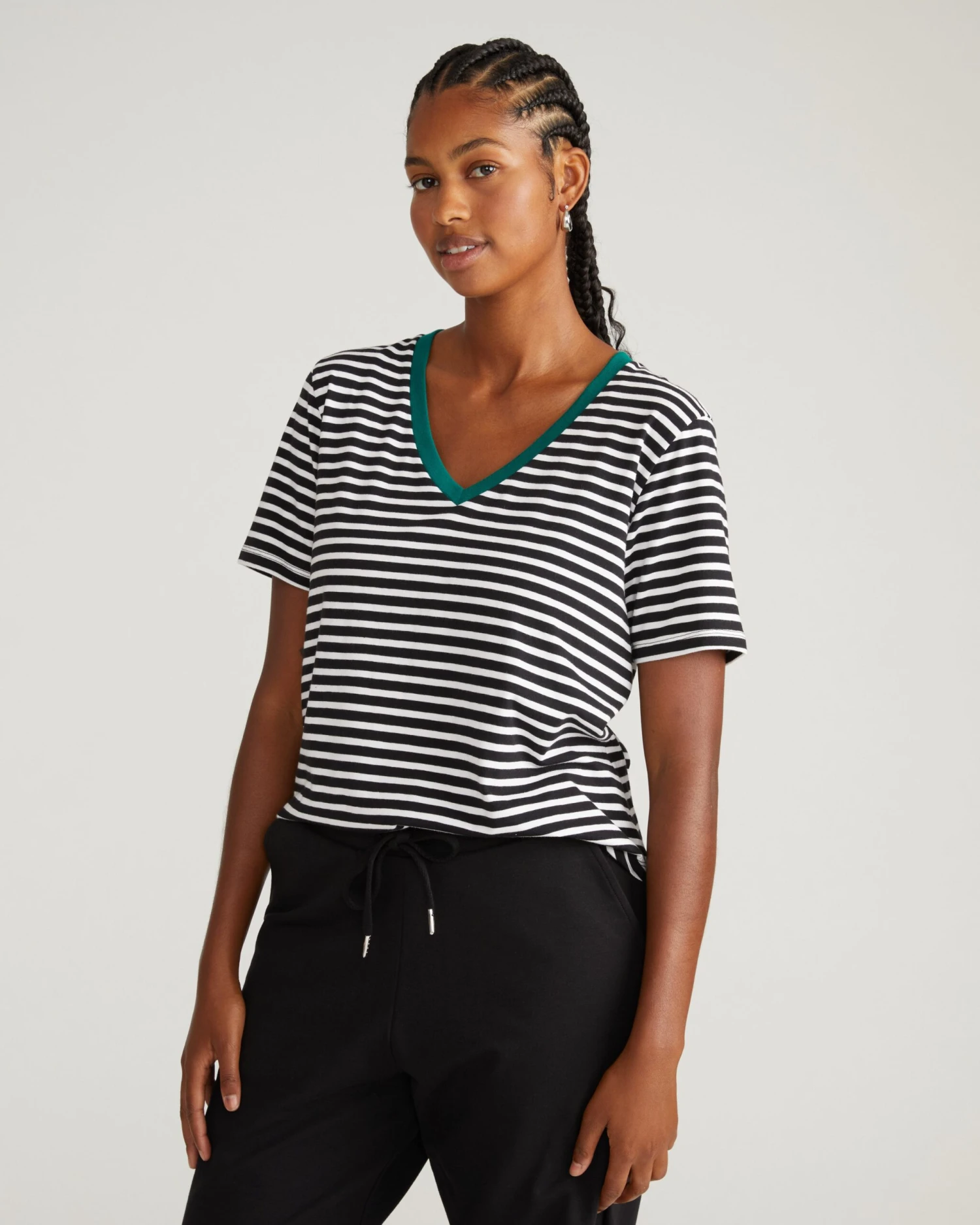 V Rex Striped V-Neck Tee - Premium Peruvian Cotton Top with Aventurine Trim - Image 2