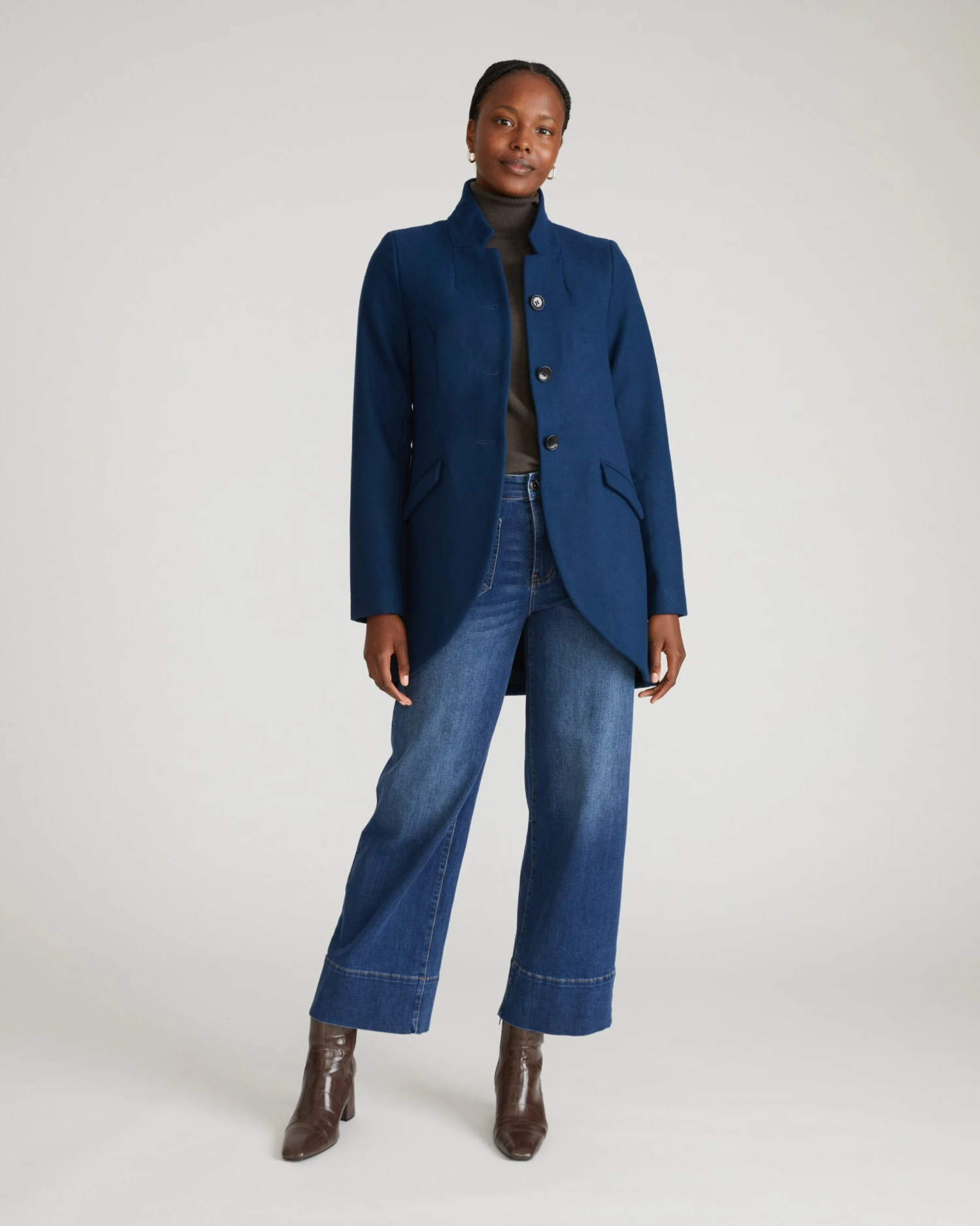 Women's Pageant Blue Tailored Wool Coat with Structured High-Low Hem 2 Women's Pageant Blue Tailored Wool Coat with Structured High-Low Hem