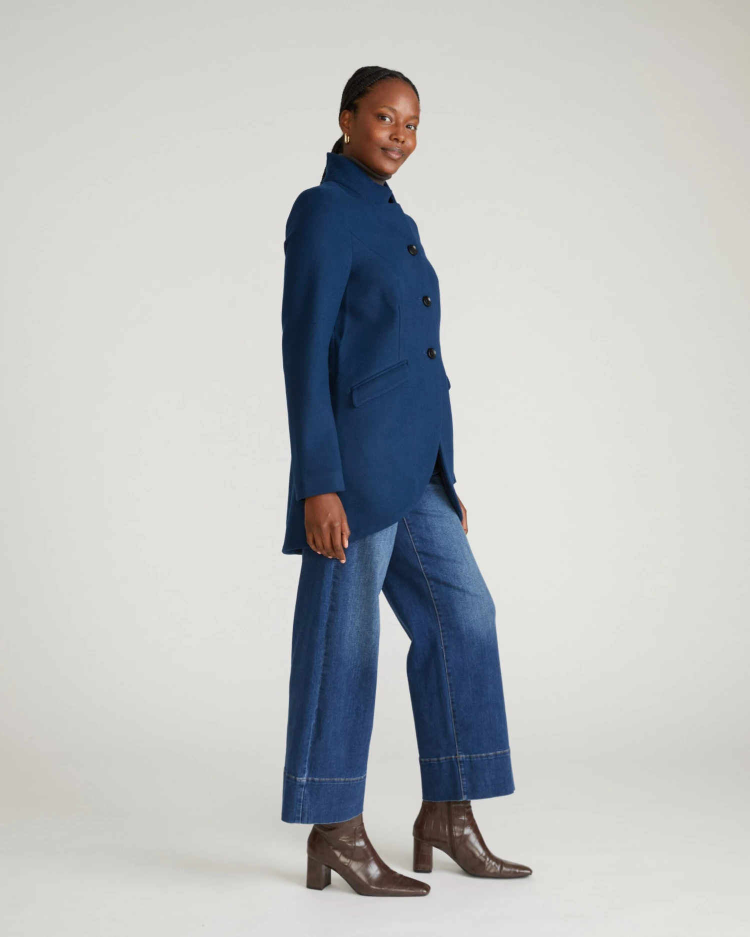 Women's Pageant Blue Tailored Wool Coat with Structured High-Low Hem 3 Women's Pageant Blue Tailored Wool Coat with Structured High-Low Hem - Image 2