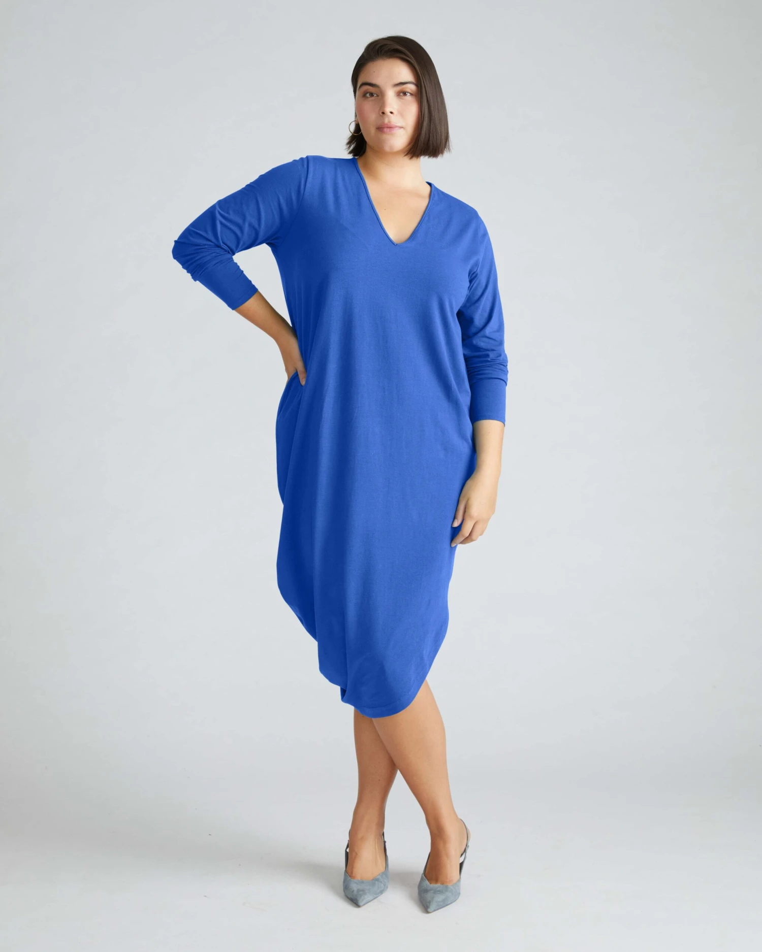 Long Sleeve V-Neck Geneva Dress in Premium Peruvian Cotton - Lapis