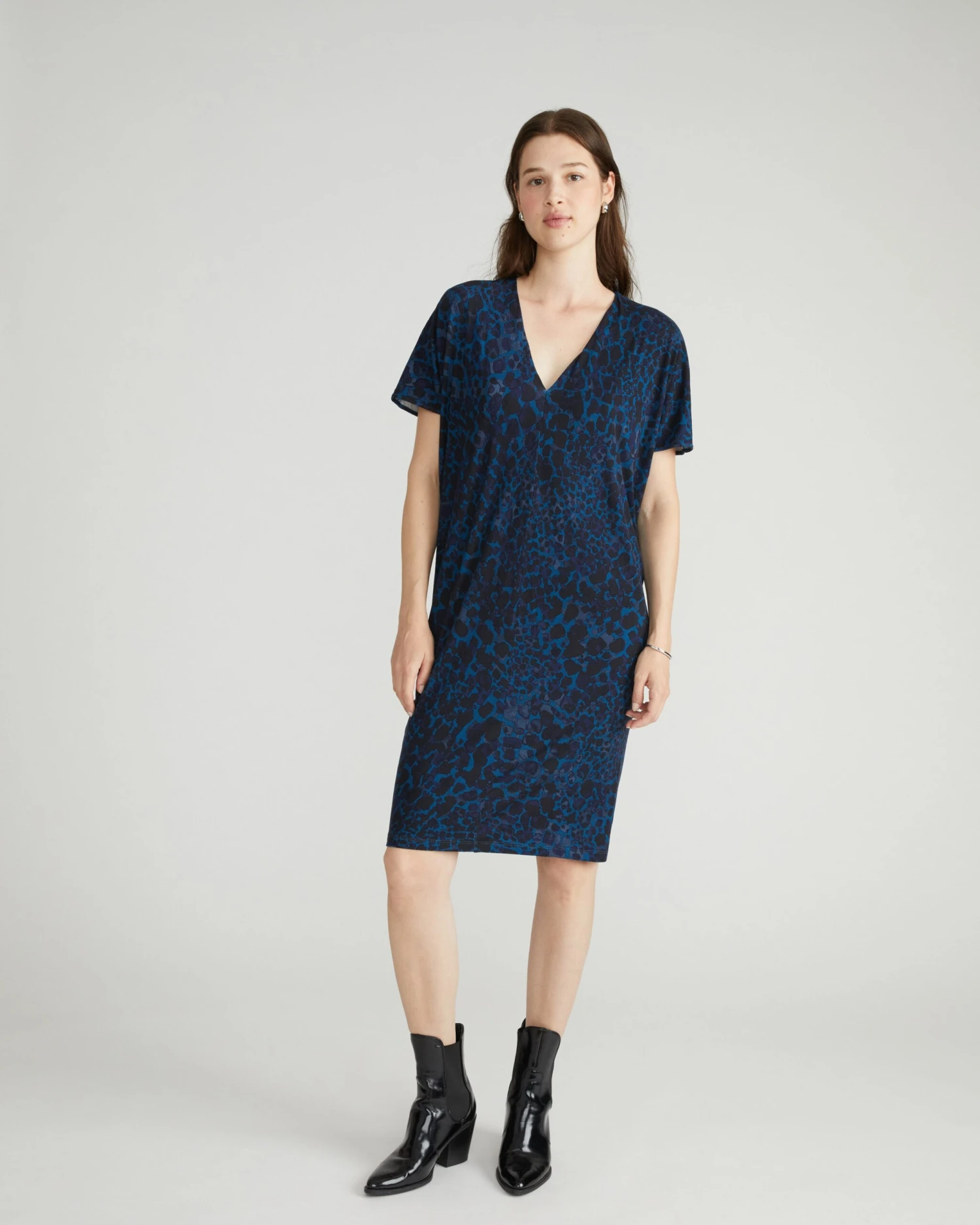 V-Neck Liquid Jersey Dress - Elegant Deep Teal Animal Print