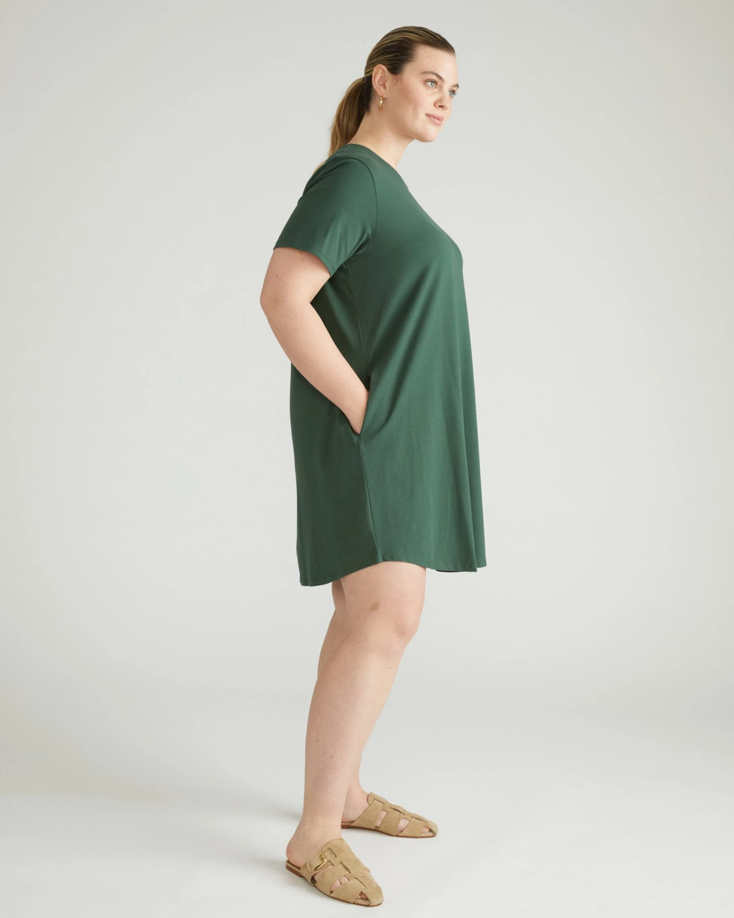 Peruvian Cotton T-Shirt Dress - Relaxed Fit Hi-Low Hem - Conifer 5 Peruvian Cotton T-Shirt Dress - Relaxed Fit Hi-Low Hem - Conifer - Image 3