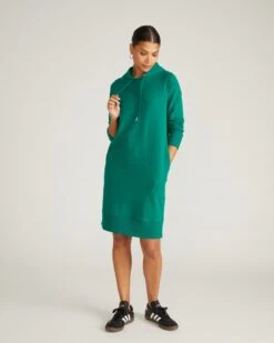 Women's French Terry Hooded Sweatshirt Dress with Pockets - Aventurine