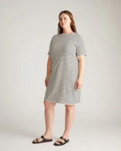 Breton Stripe Jersey Dress - Classic Boat Neck Summer Staple -UNIVERSAL STANDARD USDR1232B 570 Belle Breton Stripe Jersey Dress Ecru Black Stripe 002 439