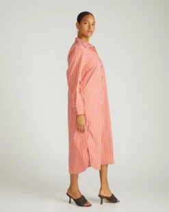Oversized Stretch Poplin Shirtdress in Coral Reef & White Stripe -UNIVERSAL STANDARD USDR1351 899Odeon Stretch Poplin ShirtdressVermilion Red White Stripe 002 002