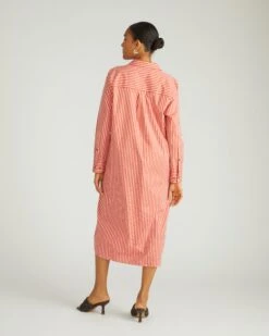 Oversized Stretch Poplin Shirtdress in Coral Reef & White Stripe -UNIVERSAL STANDARD USDR1351 899Odeon Stretch Poplin ShirtdressVermilion Red White Stripe 003 010